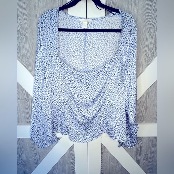 238. H&M Square Neck Floral Blouse Blue XXL - Picture 1 of 6